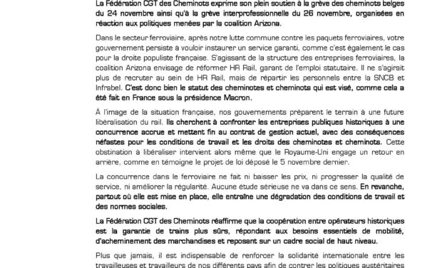 Solidarité avec nos camarades de Belgique en grève les 24 et 26 novembre 2025