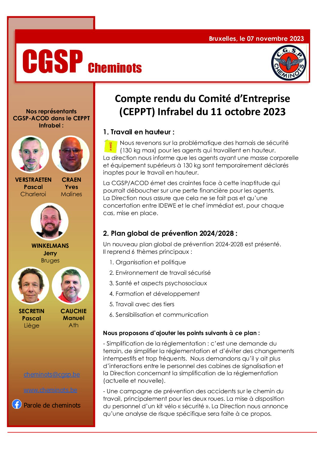Compte rendu du Comité d’Entreprise (CEPPT) Infrabel du 11 octobre 2023
