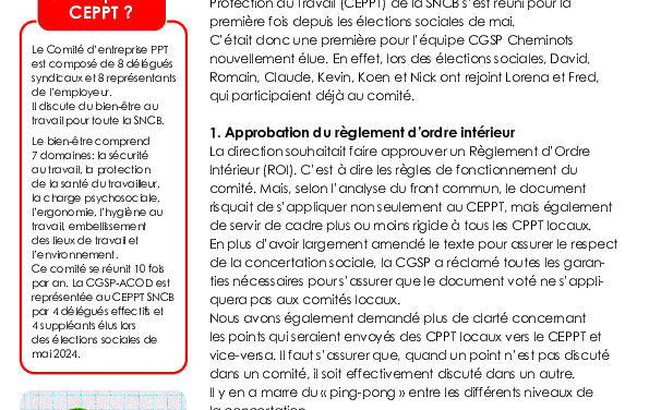 COMPTE RENDU DU COMITÉ D’ENTREPRISE PPT (CEPPT) SNCB DU 26 SEPTEMBRE 2024