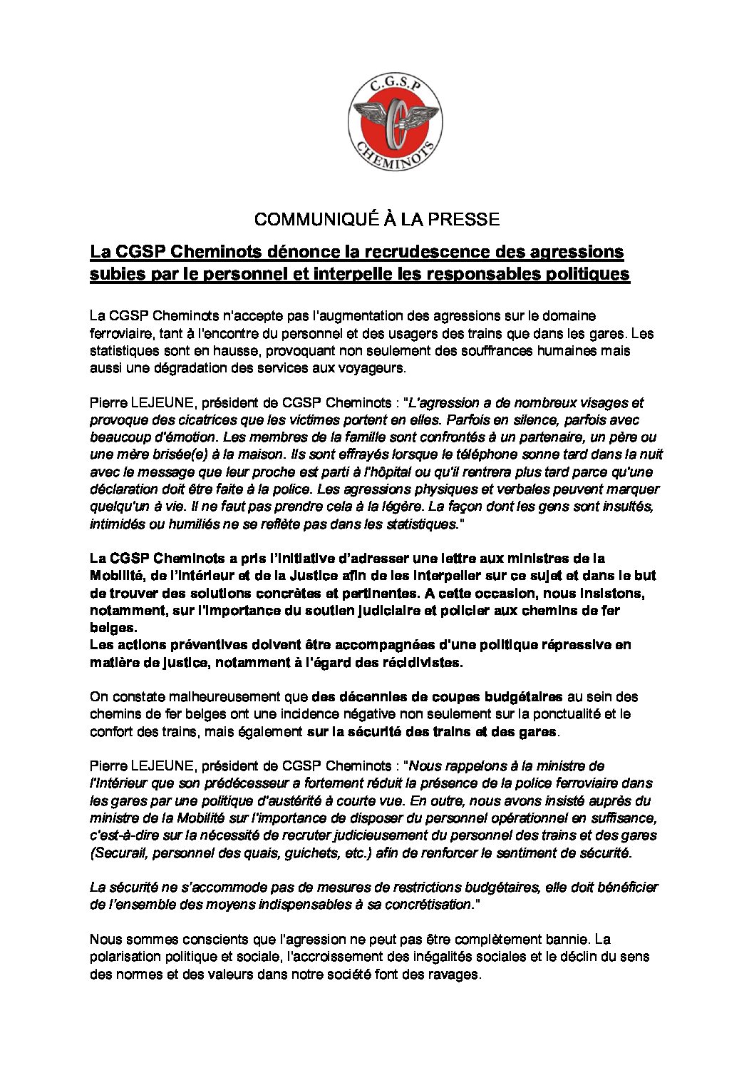 Communiqué de presse: La CGSP Cheminots dénonce la recrudescence des agressions subies par le personnel et interpelle les responsables politiques