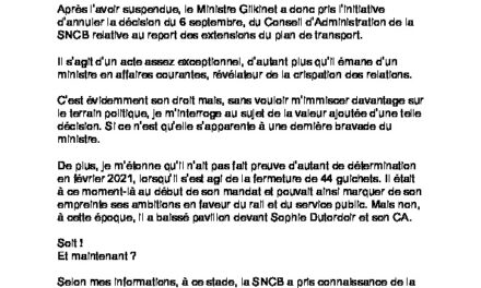 COMMUNIQUÉ À LA PRESSE : LE MINISTRE GILKINET ANNULE LA DECISION DE LA SNCB RELATIVE AUX EXTENSIONS DU PLAN DE TRANSPORT