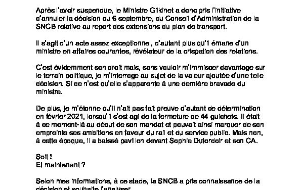 COMMUNIQUÉ À LA PRESSE : LE MINISTRE GILKINET ANNULE LA DECISION DE LA SNCB RELATIVE AUX EXTENSIONS DU PLAN DE TRANSPORT