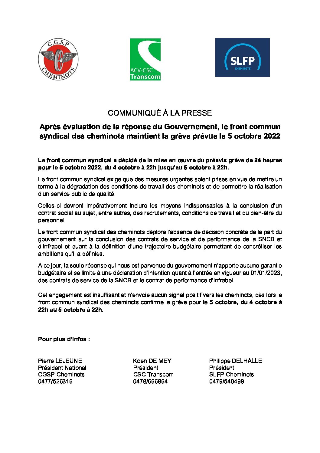 COMMUNIQUÉ À LA PRESSE :  Grève  le 5 octobre 2022