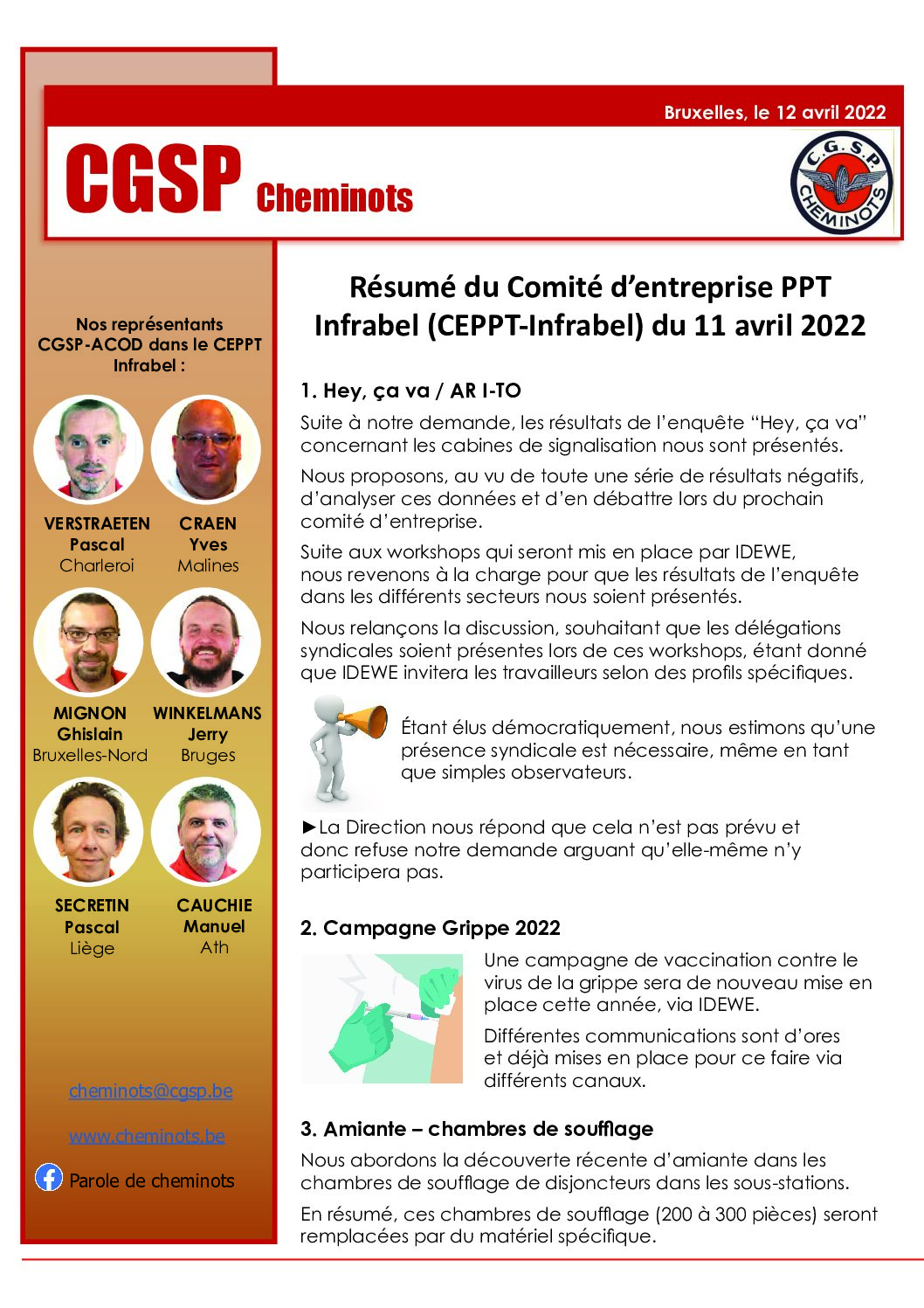 Résumé du Comité d’entreprise PPT Infrabel (CEPPT-Infrabel) du 11 avril 2022