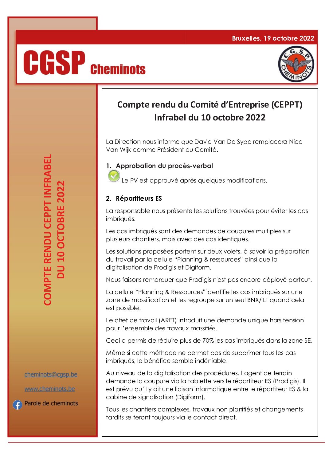 Compte rendu du Comité d’Entreprise (CEPPT) Infrabel du 10 octobre 2022