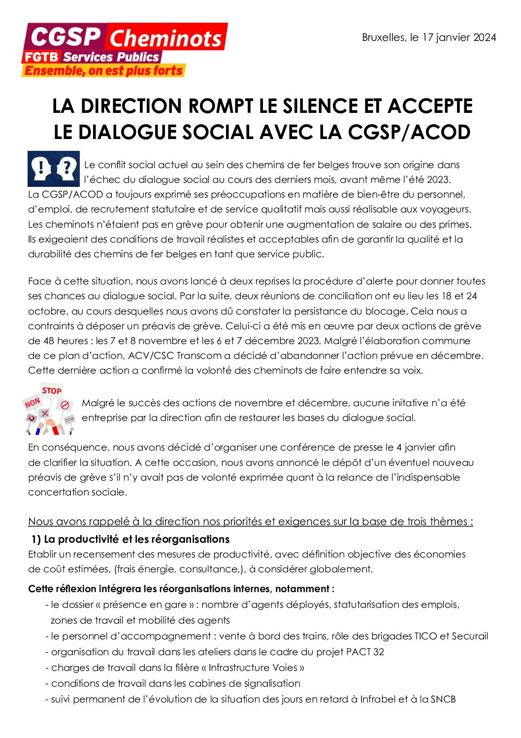 La direction rompt le silence et accepte le dialogue social avec la CGSP/ACOD